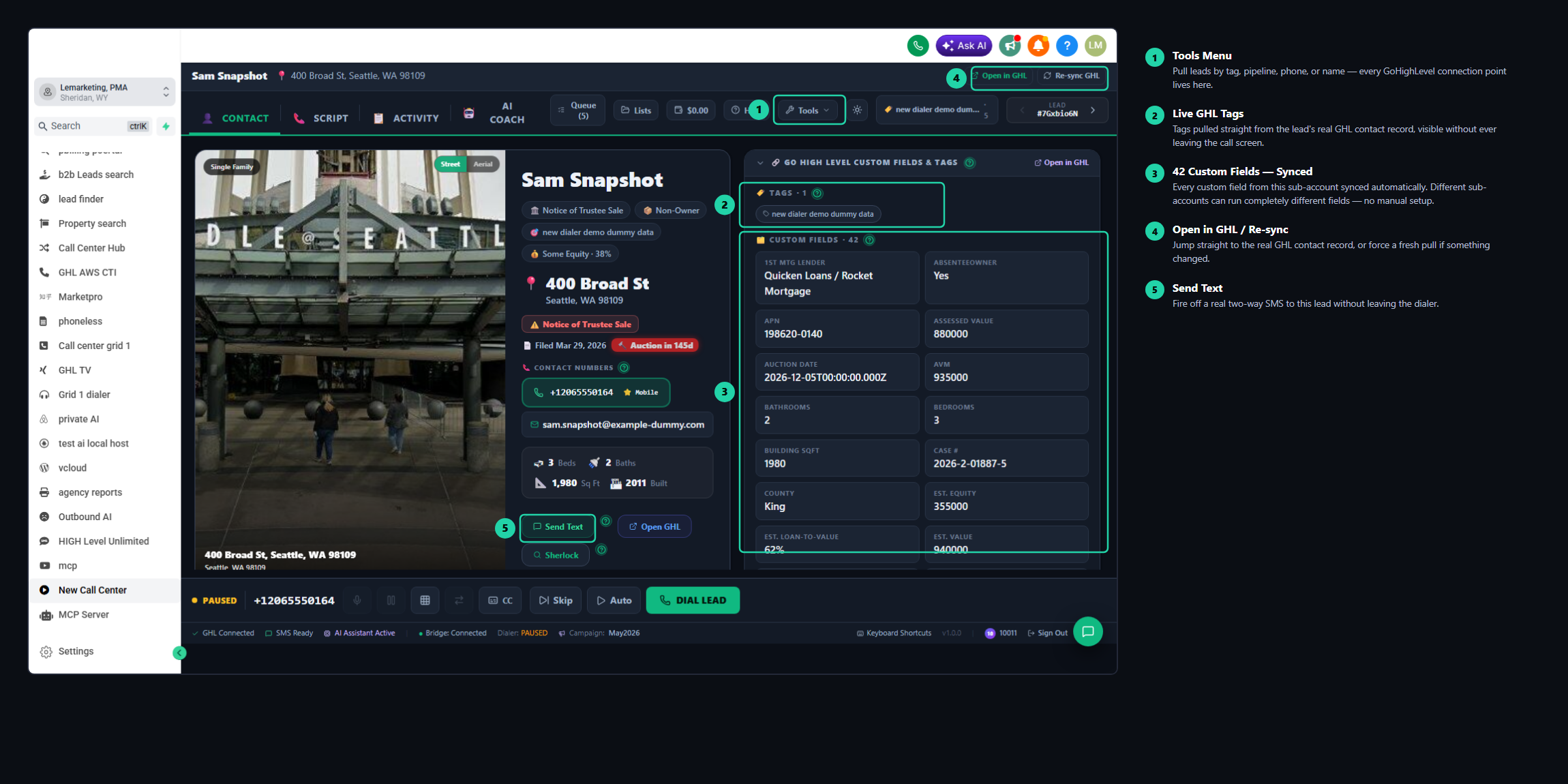 Lead profile, synced live from GoHighLevel