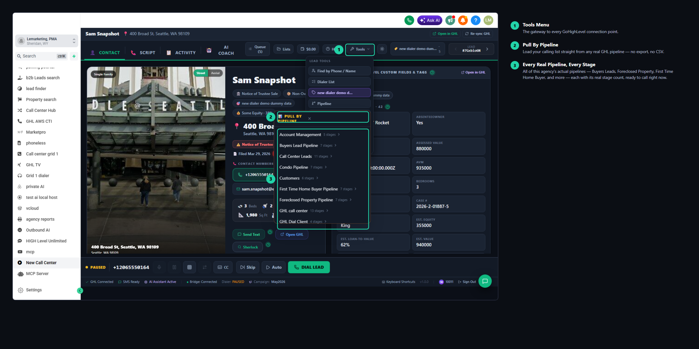 Pipeline stages, synced to GHL